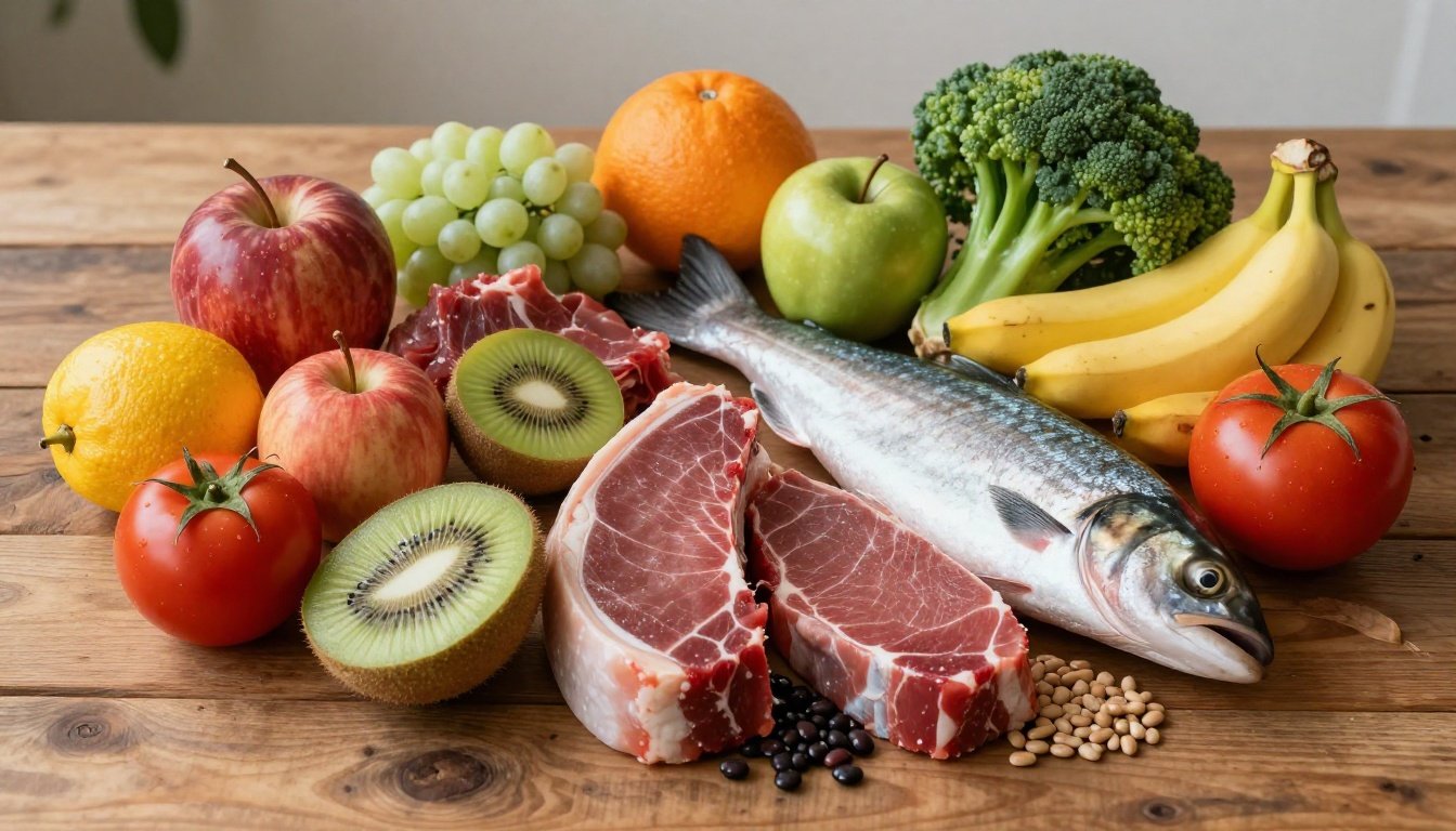 Διαφορετικές τροφές πλούσιες σε σίδηρο και βιταμίνη C, οργανωμένες σε μια ξύλινη επιφάνεια.