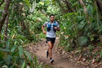 Δρομέας σε μονοπάτι με θέα τη φύση, αντανακλώντας την ομορφιά του τρεξίματος