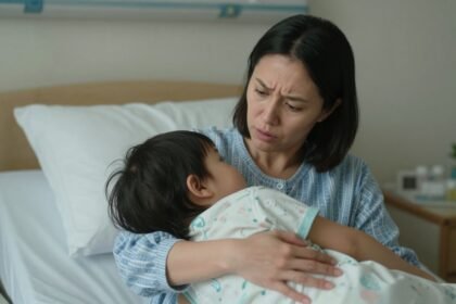 Μητέρα που κρατάει το παιδί της σε ένα νοσοκομείο με ανησυχία.