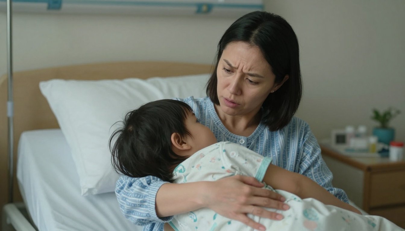 Μητέρα που κρατάει το παιδί της σε ένα νοσοκομείο με ανησυχία.