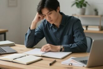 Ένας δημιουργικός χώρος που απεικονίζει κάποιον σε σκέψεις για το επόμενο βήμα στη δημιουργία ή την επιχειρηματικότητα.