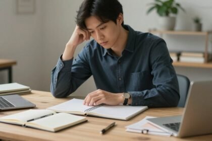 Ένας δημιουργικός χώρος που απεικονίζει κάποιον σε σκέψεις για το επόμενο βήμα στη δημιουργία ή την επιχειρηματικότητα.