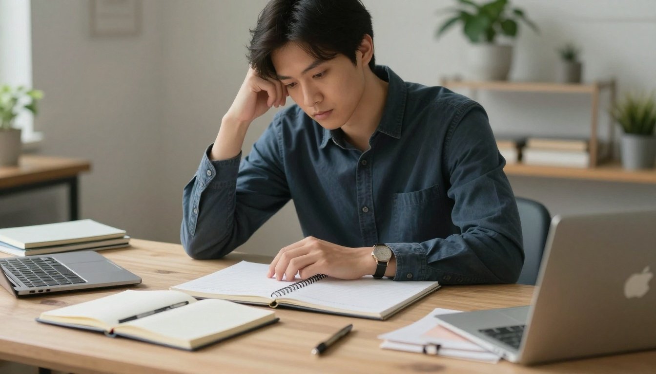 Ένας δημιουργικός χώρος που απεικονίζει κάποιον σε σκέψεις για το επόμενο βήμα στη δημιουργία ή την επιχειρηματικότητα.