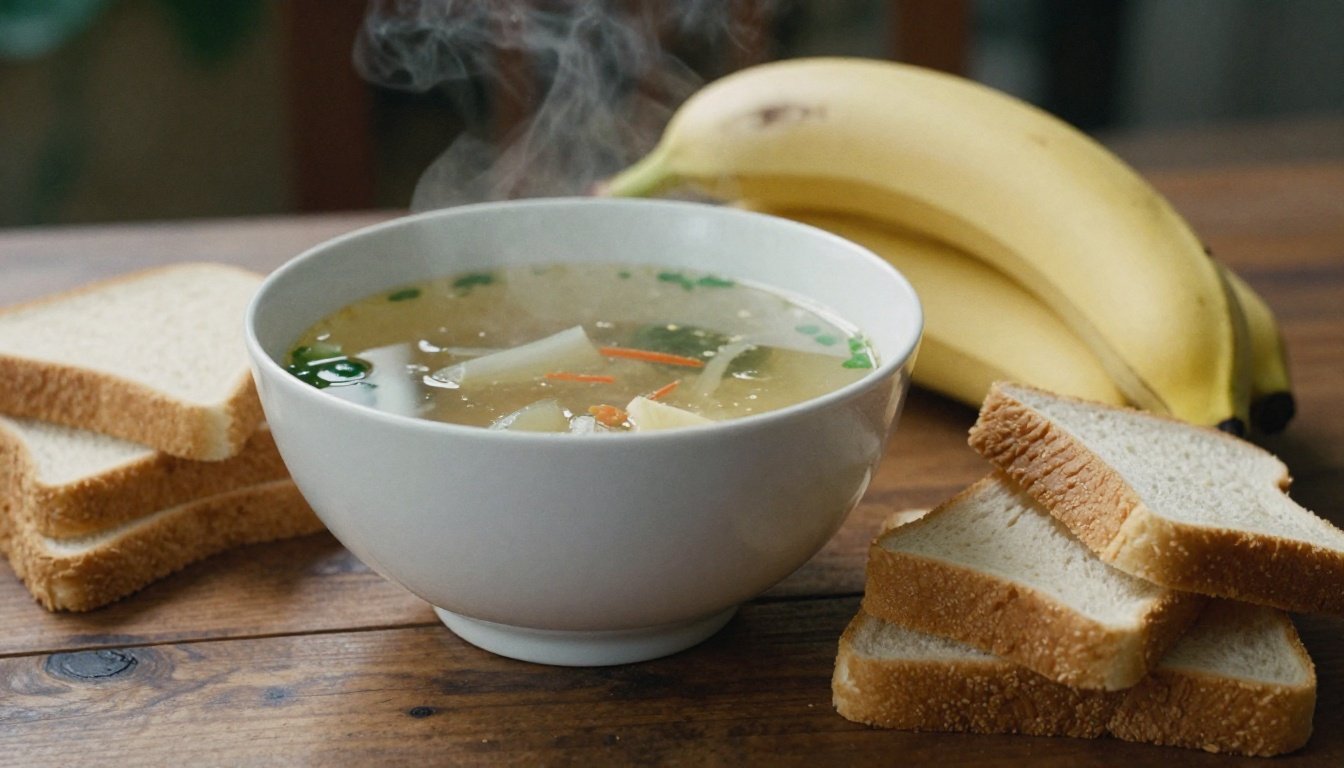 Τι να φας και τι να αποφύγεις όταν σε πιάνει στομαχόπονος 2 Ένα μπολ με καθαρό ζωμό λαχανικών σε ξύλινο τραπέζι