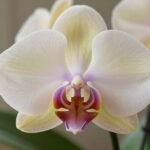 Καταπληκτική κοντινή λήψη ορχιδέας με λεπτομέρειες στα πέταλα και τα φύλλα.