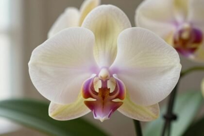 Καταπληκτική κοντινή λήψη ορχιδέας με λεπτομέρειες στα πέταλα και τα φύλλα.