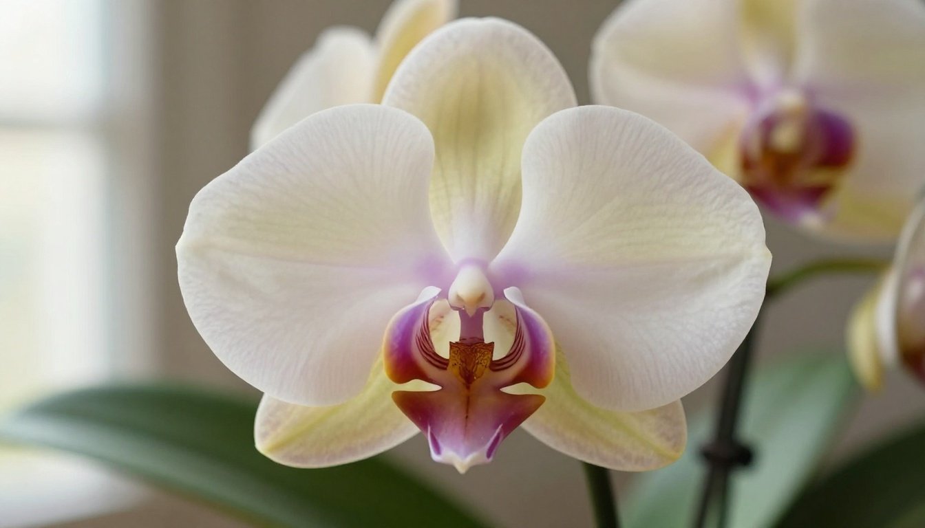Καταπληκτική κοντινή λήψη ορχιδέας με λεπτομέρειες στα πέταλα και τα φύλλα.