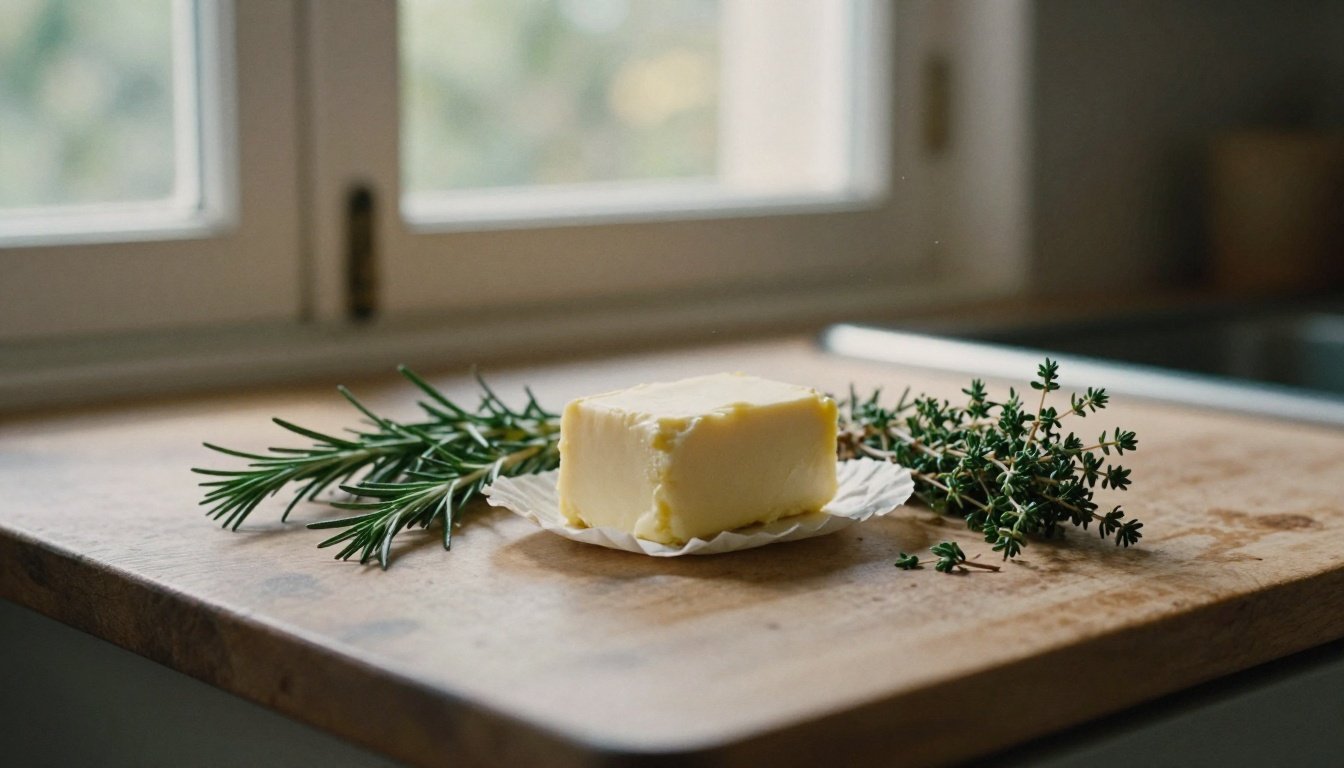 Aromatic butter with herbs on a kitchen counter