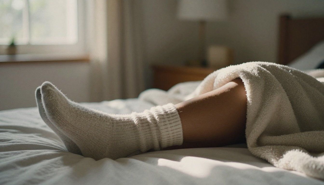 Άτομο που χαλαρώνει στο κρεβάτι φορώντας κάλτσες