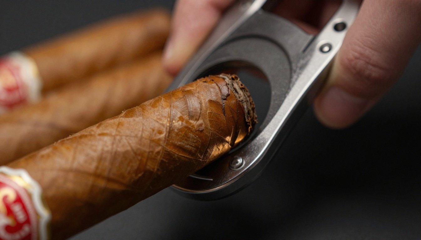 Κοντινό πλάνο από πούρο με γκιλοτίνα κοπής στο φόντο.