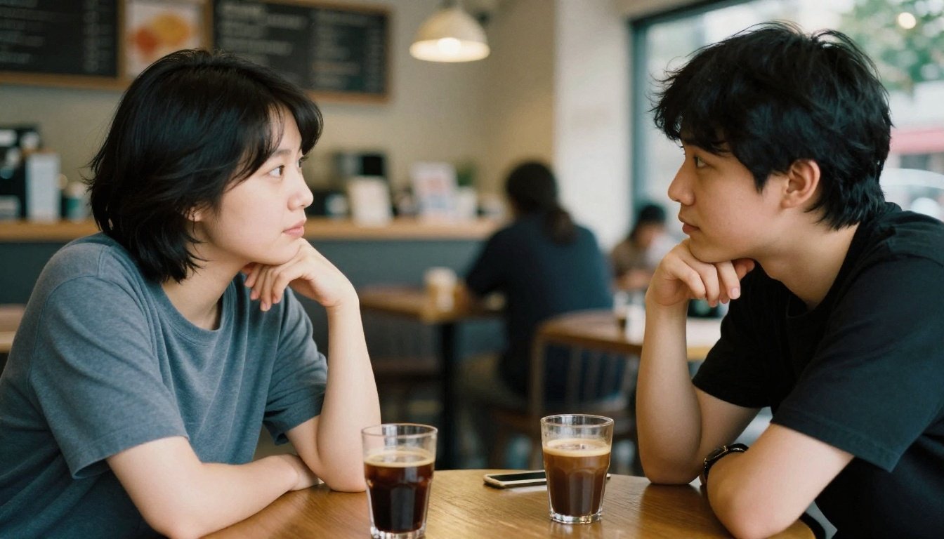 Δύο άτομα σε μια καφετέρια που συζητούν ήρεμα