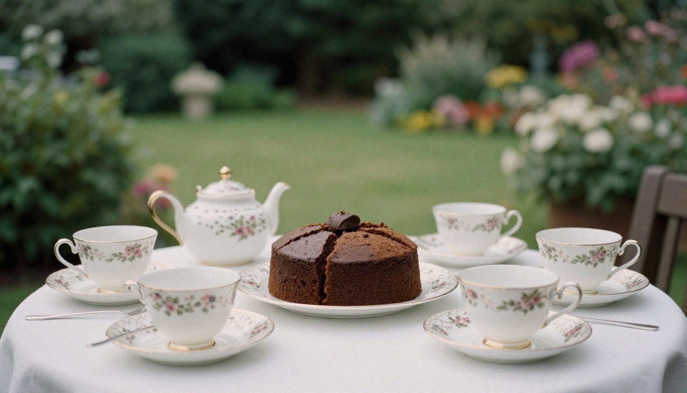 Ένα στήσιμο απογευματινού τσαγιού με κέικ σοκολάτας