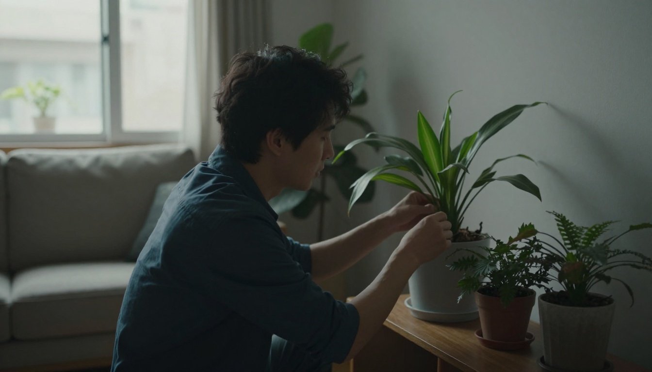 Γιατί κιτρινίζουν τα φύλλα στα φυτά εσωτερικού χώρου τον χειμώνα 3 Ένα άτομο ρυθμίζει τη θέση φυτών κοντά σε παράθυρο