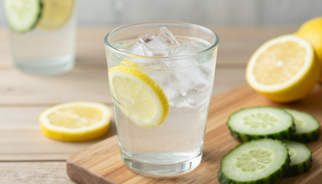 Ένα γυάλινο ποτήρι με νερό γεμάτο πάγο και φέτες λεμονιού και αγγουριού.