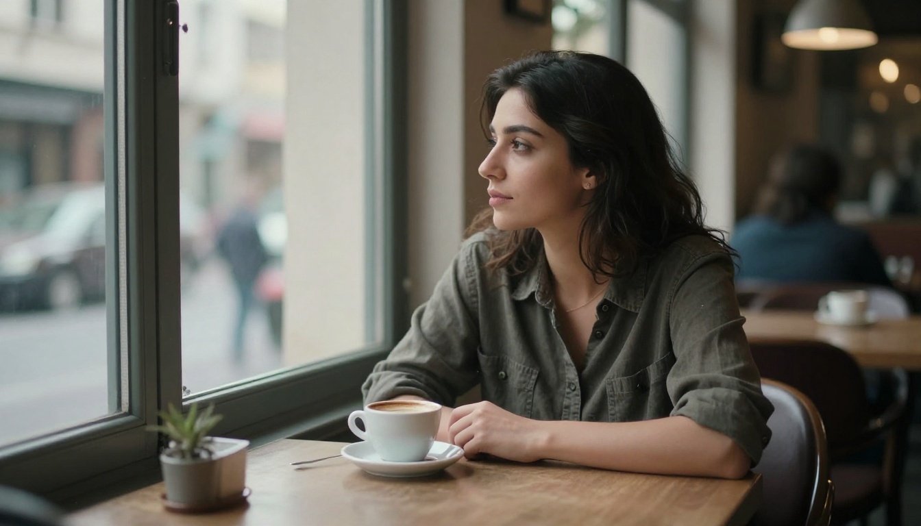 Γυναίκα που κάθεται μόνη σε καφετέρια