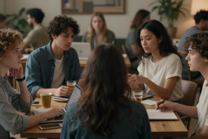 Μια φωτογραφία που απεικονίζει μια ομάδα ανθρώπων σε κοινωνική αλληλεπίδραση, με ποικιλία εκφράσεων που δείχνουν διαφορετικά επίπεδα νοημοσύνης.