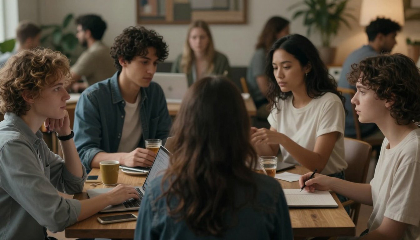 Μια φωτογραφία που απεικονίζει μια ομάδα ανθρώπων σε κοινωνική αλληλεπίδραση, με ποικιλία εκφράσεων που δείχνουν διαφορετικά επίπεδα νοημοσύνης.