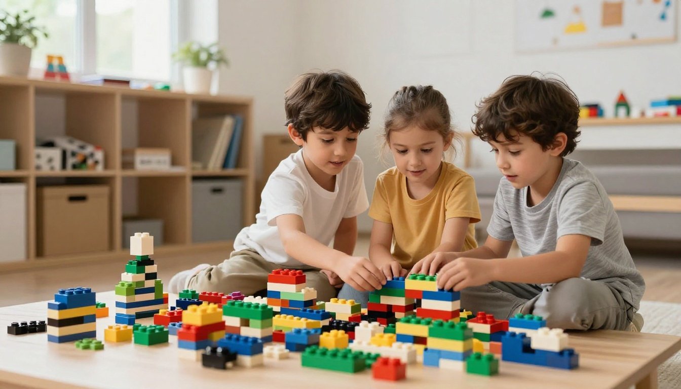 Παιδιά παίζουν με τουβλάκια Lego σε ένα δημιουργικό χώρο.