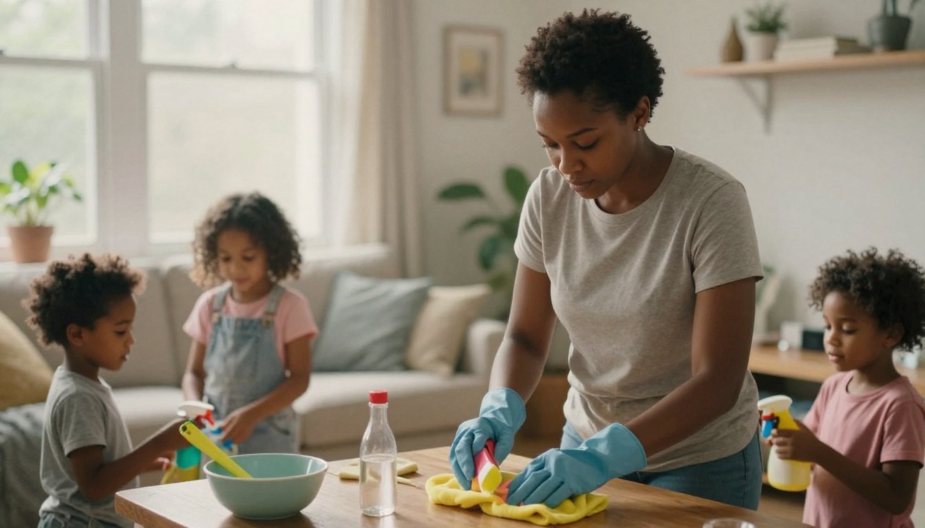 Οι δουλειές του σπιτιού που αφήνουν οι άντρες για… άλλους 2 Μια γυναίκα που καθαρίζει το σπίτι και προσέχει τα παιδιά