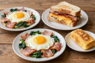 Διαφορετικά πιάτα με αυγά σε ρουστίκ τραπέζι.