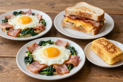 Διαφορετικά πιάτα με αυγά σε ρουστίκ τραπέζι.