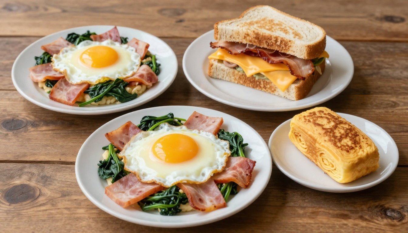 Διαφορετικά πιάτα με αυγά σε ρουστίκ τραπέζι.