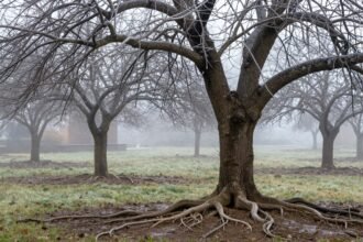 Χειμερινή φύτευση καρποφόρων δέντρων, γυμνόριζα δενδρύλλια σε κήπο