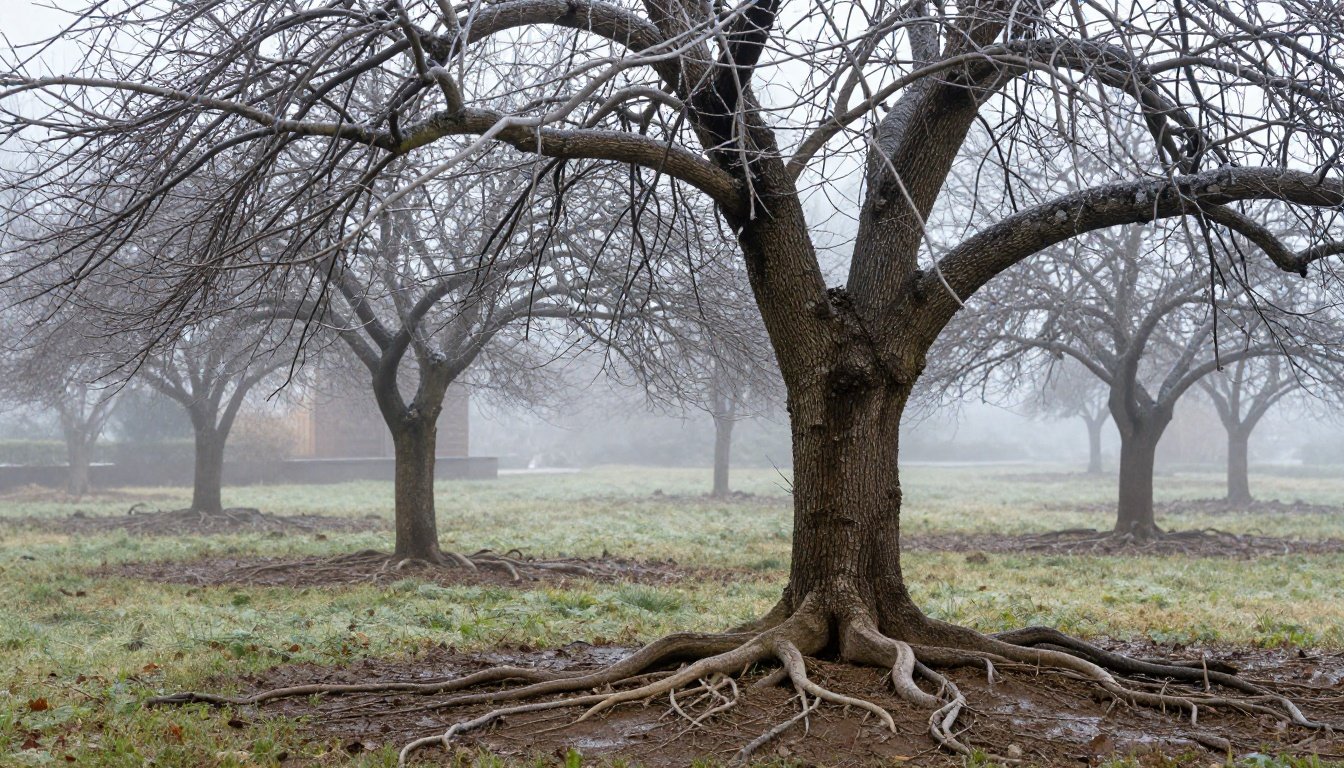 Χειμερινή φύτευση καρποφόρων δέντρων, γυμνόριζα δενδρύλλια σε κήπο