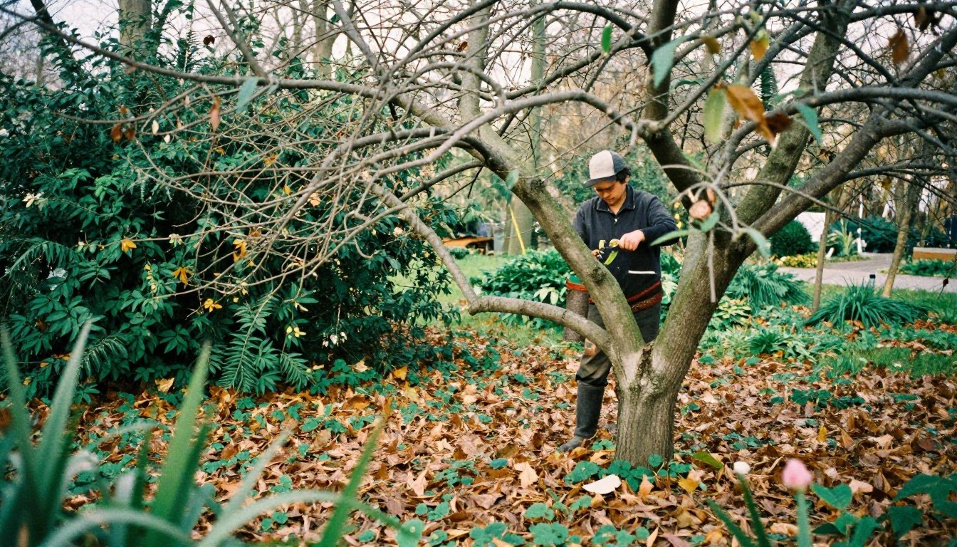 Κηπουρός κλαδεύει δέντρα στον κήπο το Φεβρουάριο