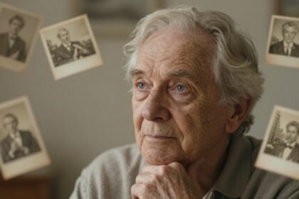 Ηλικιωμένο άτομο που σκέφτεται, περιβαλλόμενο από σύμβολα που αντιπροσωπεύουν την απώλεια μνήμης.