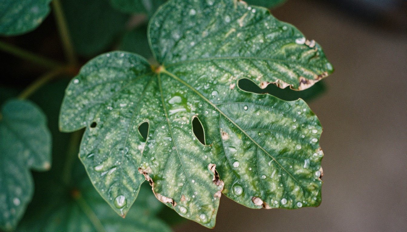 Πώς να ξεχωρίσεις αν το φυτό σου πνίγεται στο νερό 2 Κοντινή φωτογραφία ενός μαραμένου φύλλου φυτού που δείχνει σημάδια υπερβολικού ποτίσματος