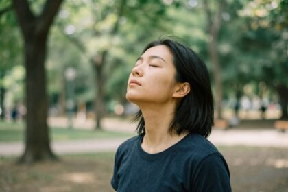 Άτομο που ασκεί αναπνευστικές τεχνικές σε ήρεμο πάρκο