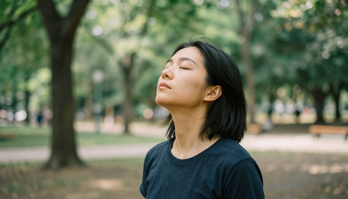Άτομο που ασκεί αναπνευστικές τεχνικές σε ήρεμο πάρκο
