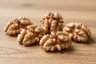 Φρέσκα καρύδια σε ξύλινη επιφάνεια.