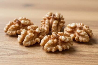 Φρέσκα καρύδια σε ξύλινη επιφάνεια.