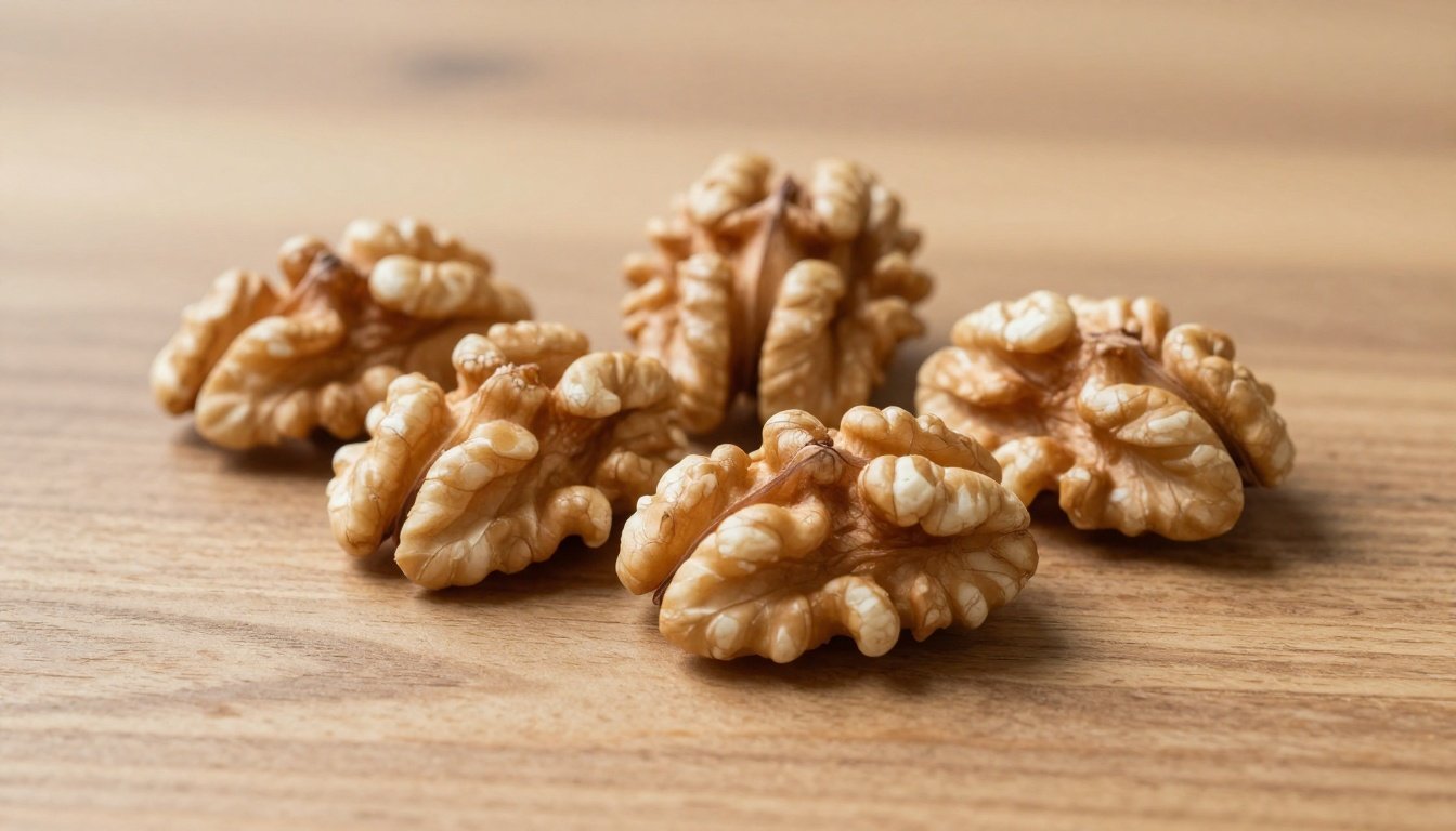 Φρέσκα καρύδια σε ξύλινη επιφάνεια.