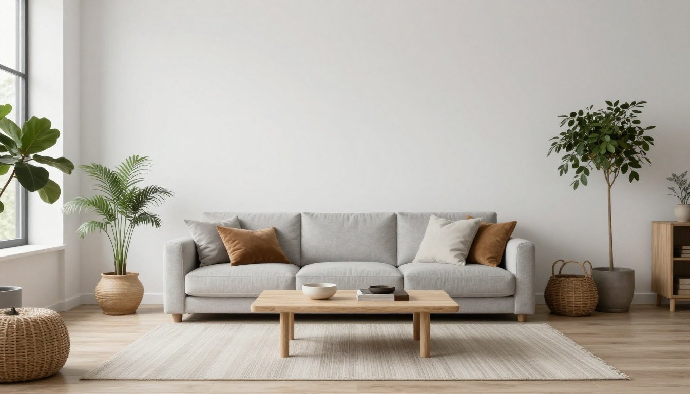 Σκανδιναβική διακόσμηση με λευκά και γκρίζα χρώματα και φυσικά στοιχεία.