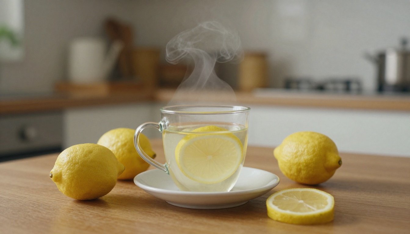 Ένα φλυτζάνι ζεστό νερό με λεμόνι σε ξύλινο τραπέζι