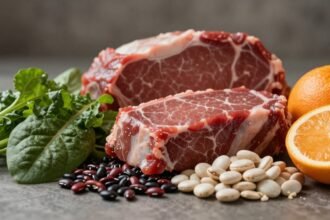 Διάφορες τροφές πλούσιες σε σίδηρο σε καλλιτεχνική διάταξη.