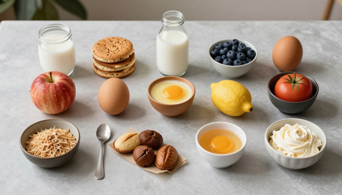 Εικόνα που απεικονίζει διάφορα τρόφιμα που προκαλούν τροφικές δυσανεξίες.