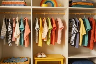 Μία οργανωμένη ντουλάπα παιδιού με πολύχρωμα ρούχα και αξεσουάρ.