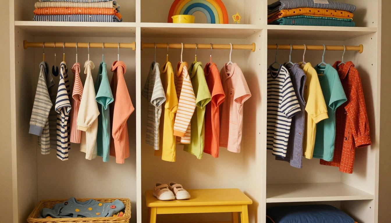 Μία οργανωμένη ντουλάπα παιδιού με πολύχρωμα ρούχα και αξεσουάρ.