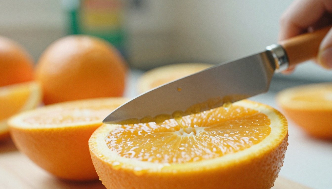 Κοντινή φωτογραφία από πορτοκάλι που κόβεται