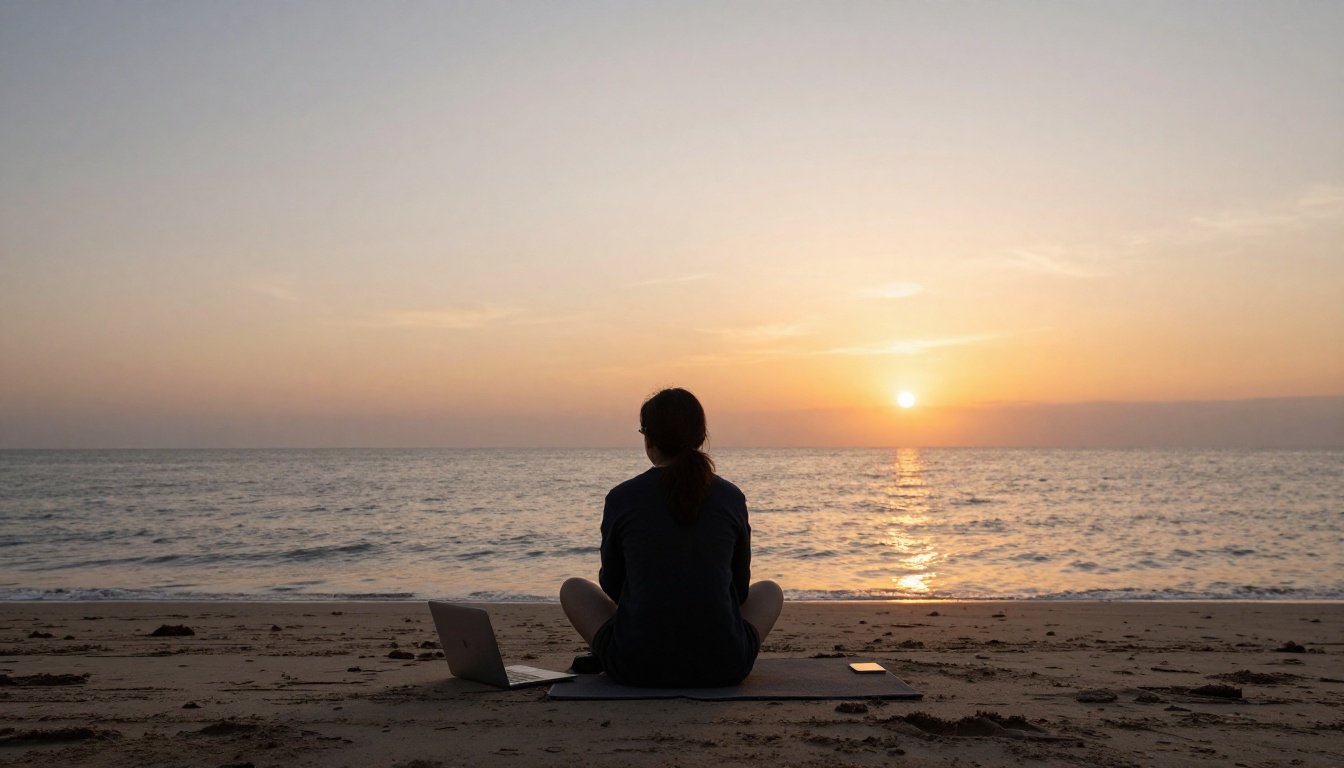 Άτομο σε παραλία κατά το ηλιοβασίλεμα, αναλογίζεται την ισορροπία εργασίας και προσωπικής ζωής.