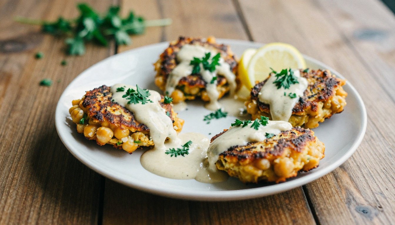 Ρεβυθοκεφτέδες σε πιάτο με σως ταχινιού