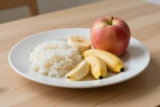 Πιάτο με ελαφριά και εύπεπτα φαγητά για στομαχόπονο, όπως λευκό ρύζι, μπανάνες και μήλα.