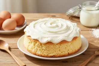 Κέικ γιαουρτιού σε ξύλινη επιφάνεια με υλικά