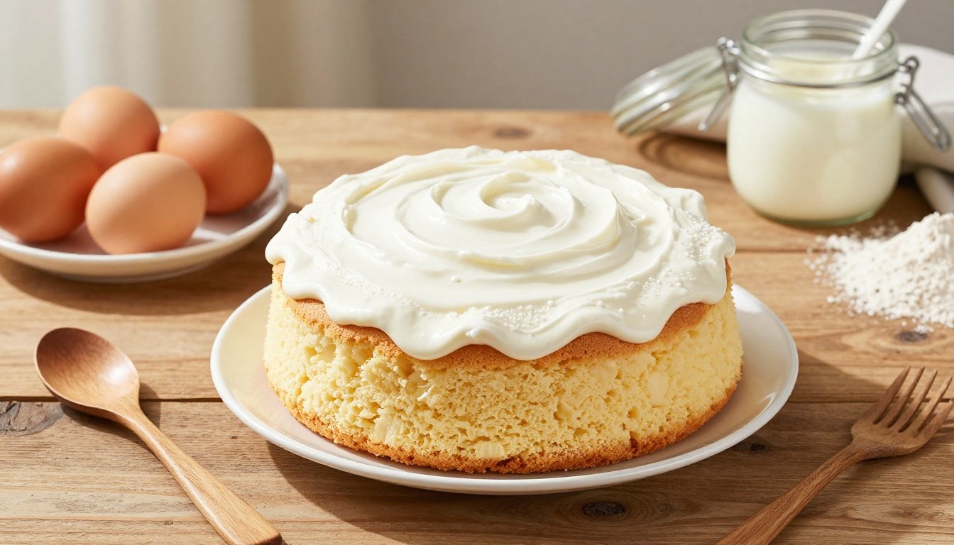 Κέικ γιαουρτιού σε ξύλινη επιφάνεια με υλικά