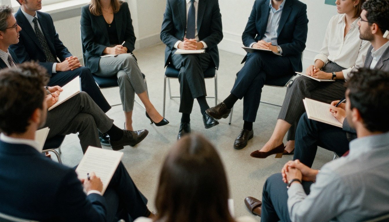 Συμμετέχοντες σε επαγγελματική συνάντηση με σταυρωμένα πόδια