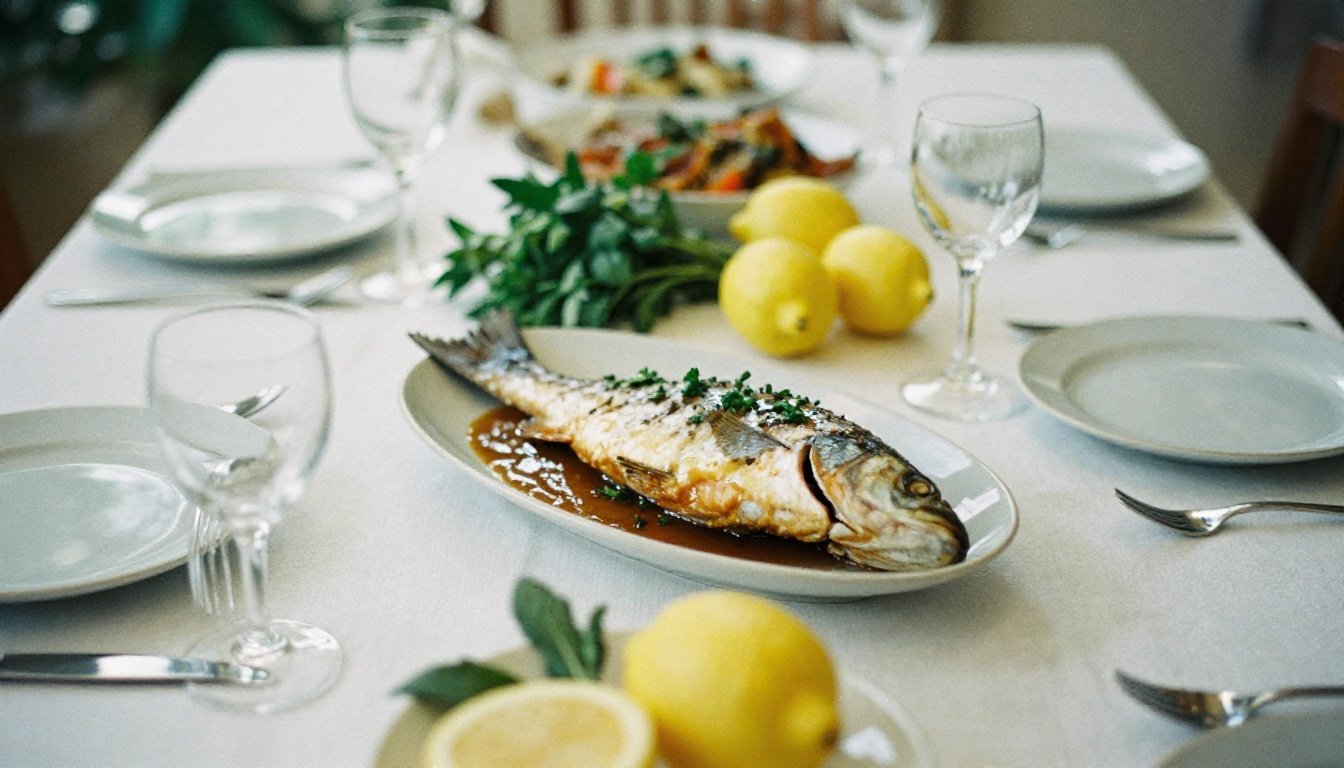 Ένα παραδοσιακό ελληνικό τραπέζι με ψάρια και φρέσκα υλικά